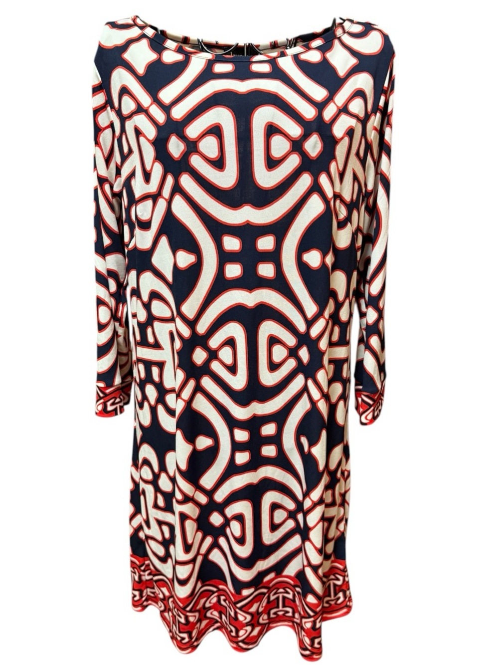 Laundry Geometric Print Long-Sleeve Shift Dress in Navy, White & Red